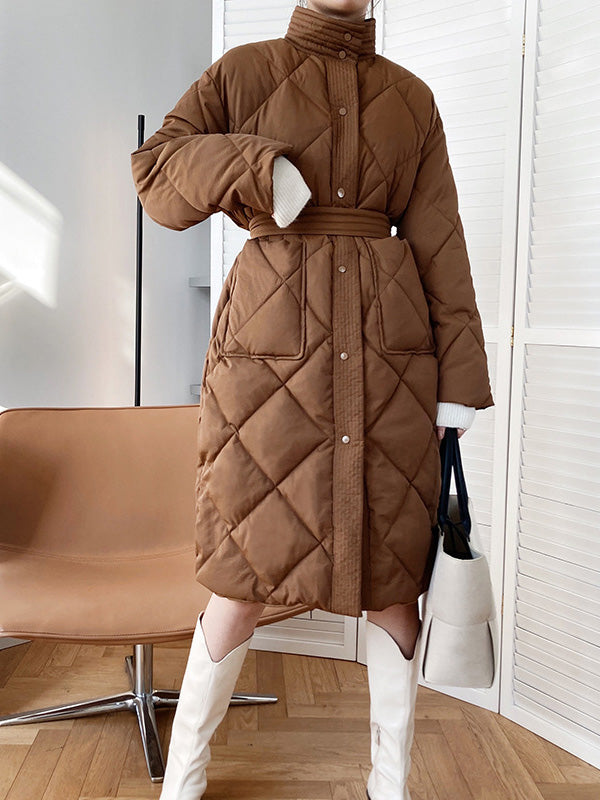 Loose Solid Plaid Cotton Midi Outwear