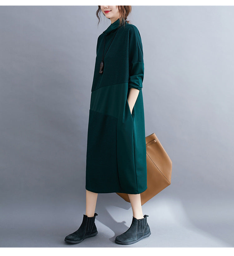 High-Neck Solid Casual Midi Dress