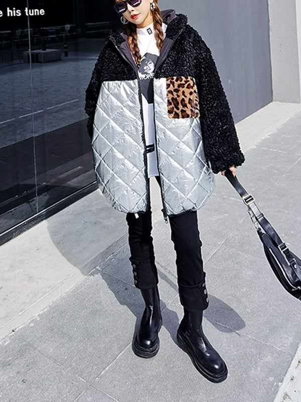 Women Leopard Print Pocket Color Block Coat