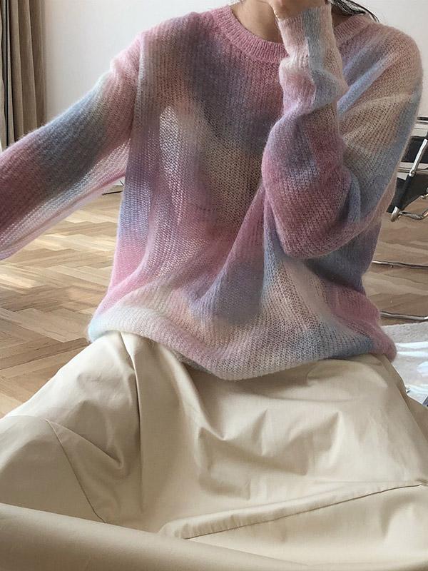 Loose Tie-dyed Mohair Knitting Sweater