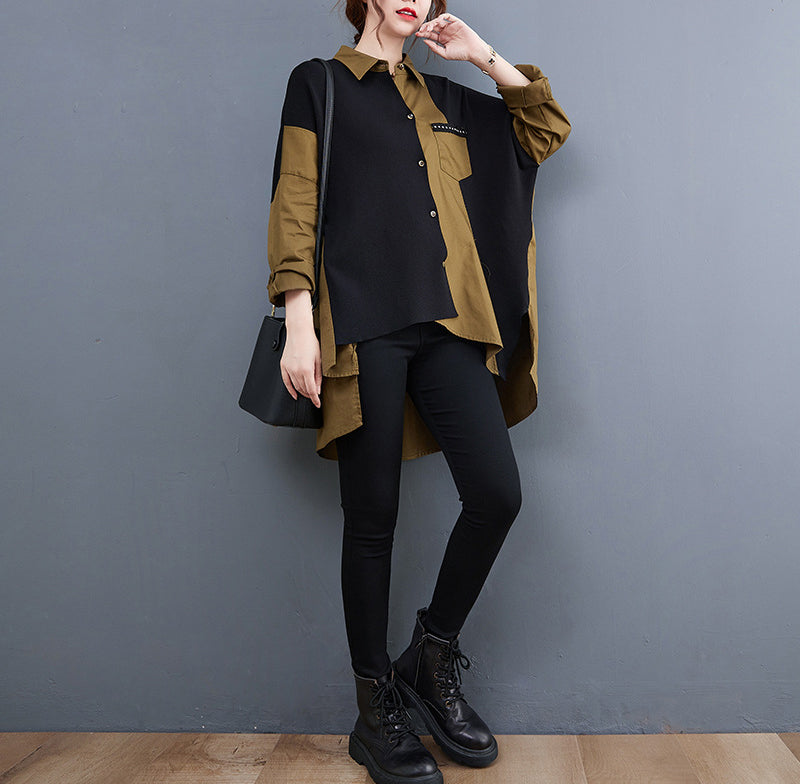 Contrast Color Stitching Mid-Length Loose Casual Long Sleeve Shirt