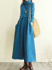 Long Sleeves Solide High Neck Maxi Dress