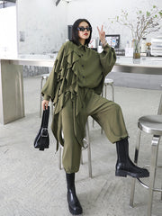 Women Retro Solid Color Shirt Wide Leg Pants Two-Piece Suit