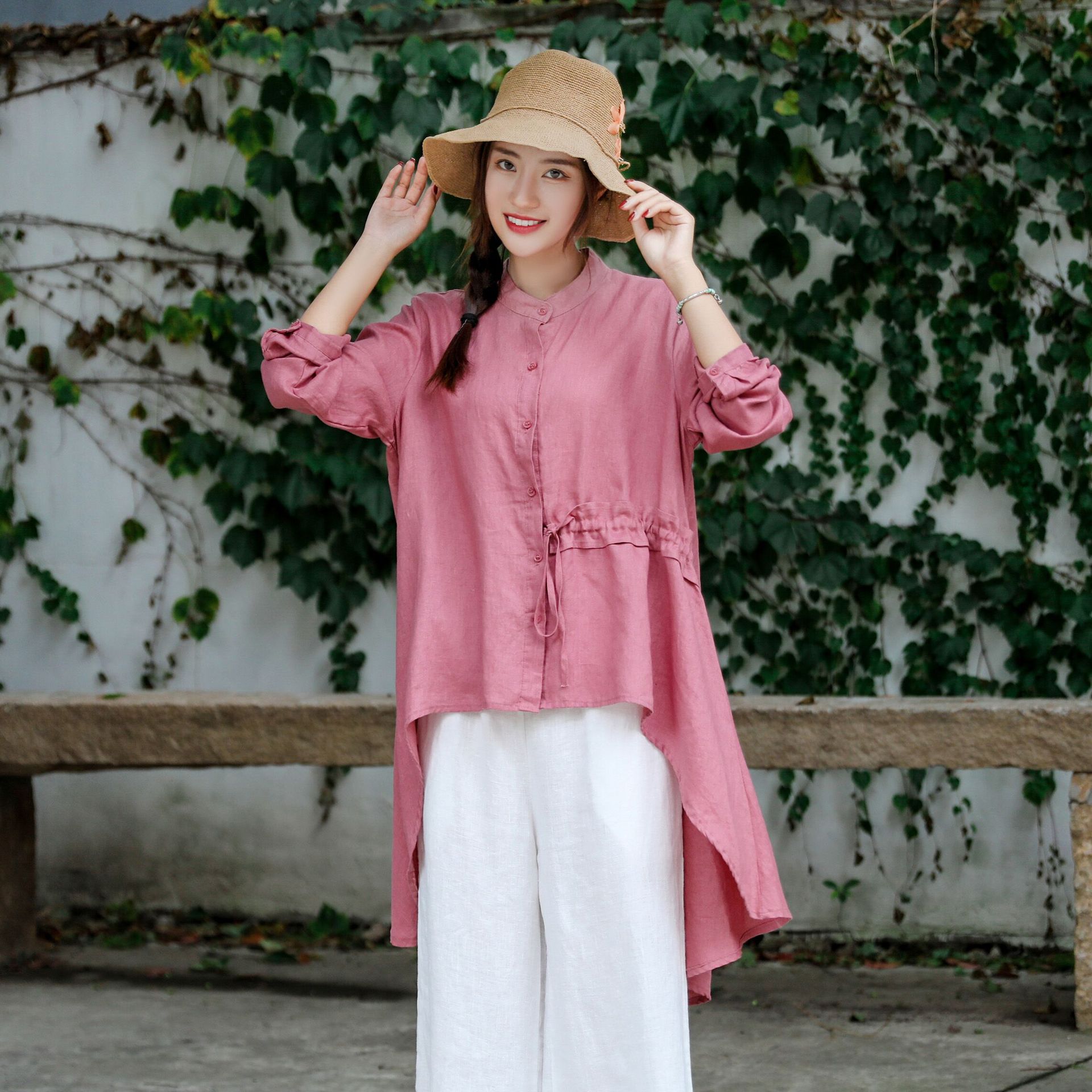 Linen Solid Cropped Long Sleeves Blouse