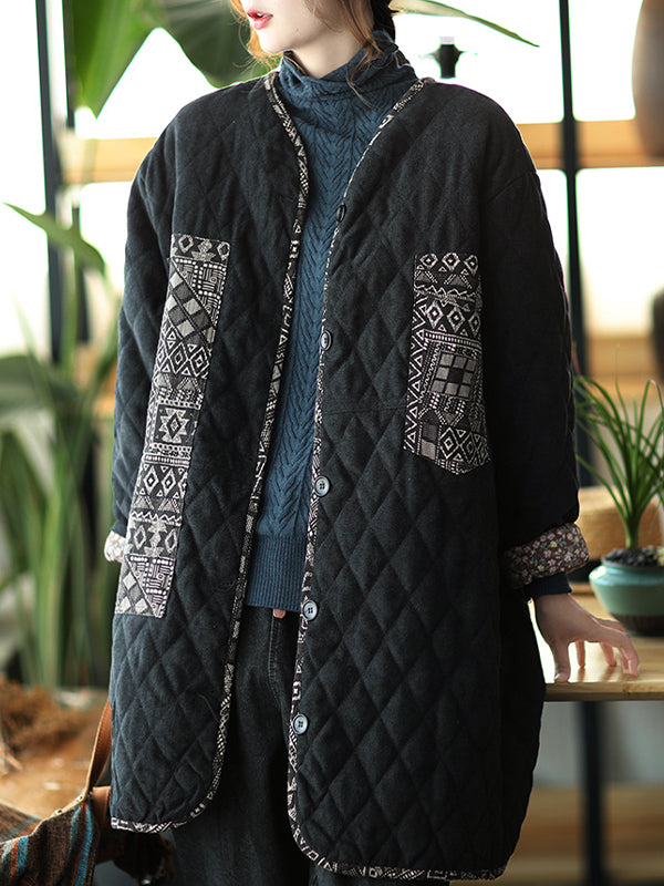 Women Retro Print Padded Coat