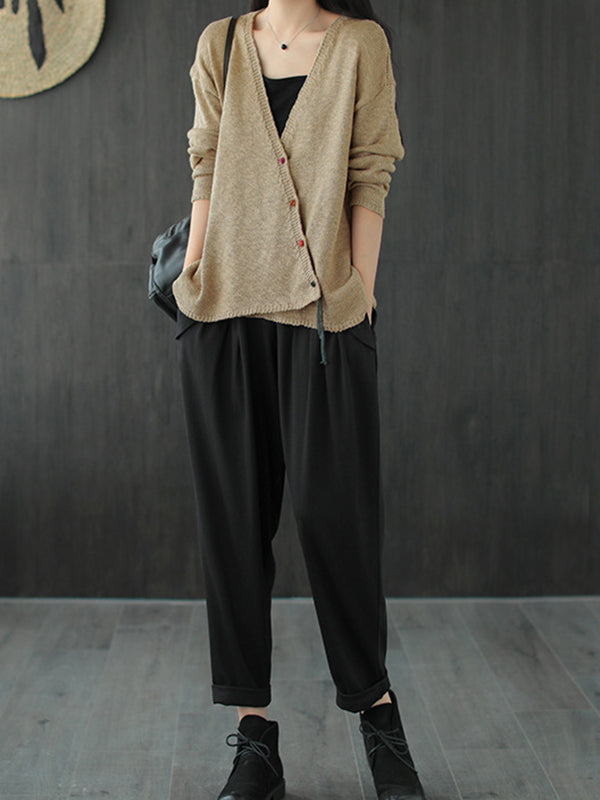 Solid V-Neck Loose Retro Cardigan Outwear
