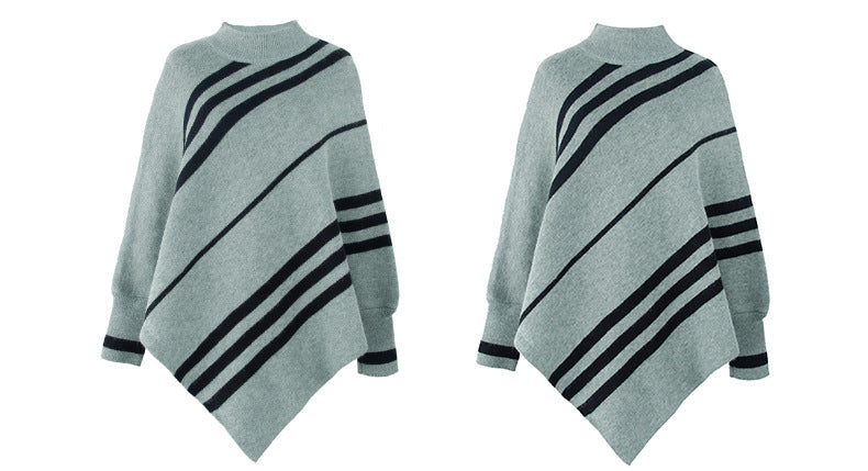 Casual Striped Knitted Round-Neck Shawl Sweater