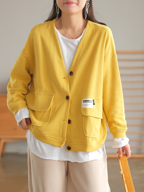 Soft And Comfortable Patch Loose V-Neck Solid Color Outwear