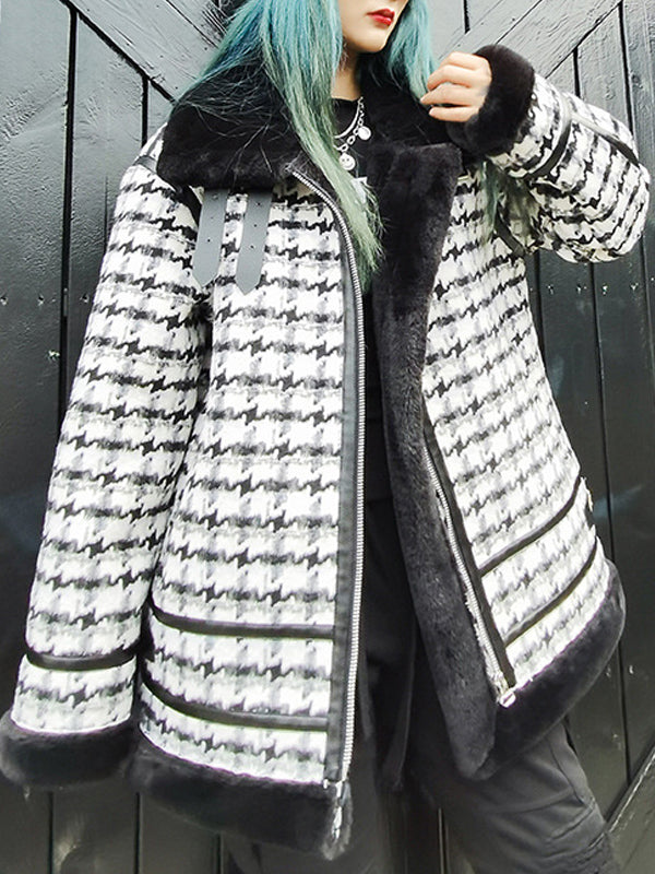 Women Plaid Stand Collar Casual Thick Coat