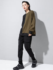 Casual Roomy Long Sleeves Contrast Color Split-Joint Zipper Round-Neck Sweatshirt Tops