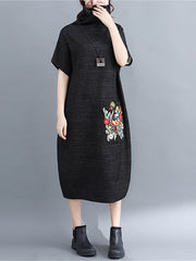 Retro Embroidered High Neck A-Line Midi Dress