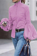 Solid Color Lantern Sleeve All-Match Blouse