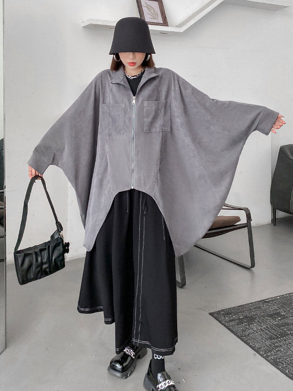 Casual Batwing Sleeves Roomy Drawstring Zipper Stand Collar Jackets&Coats