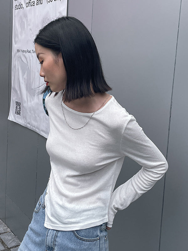 Casual Solid Color Hem Breasted Top T-Shirt