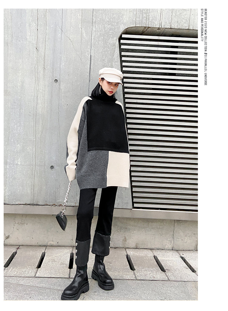 Urban Color-Block Splicing Knitted High-Neck Sweater