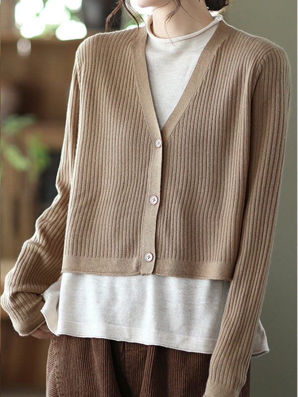 Retro Color-Block Fake Two-Piece Knitted Sweater Cardigan