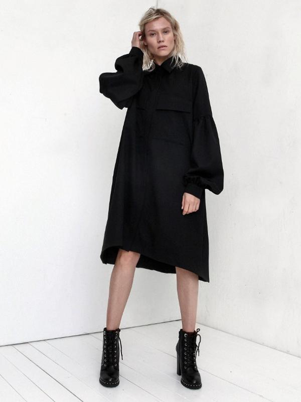 Black Lapel Puff Sleeves Midi Dress