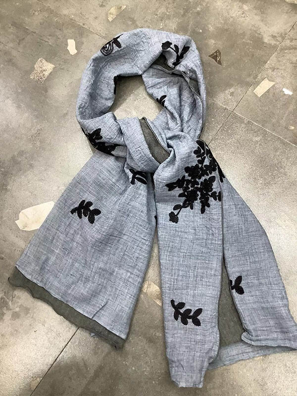 Cotton Linen Embroidery Color Block Scarf