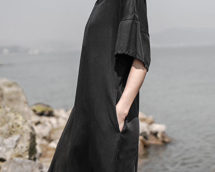 Women V-Neck Asymmetrical Loose Pleated Casual Dress