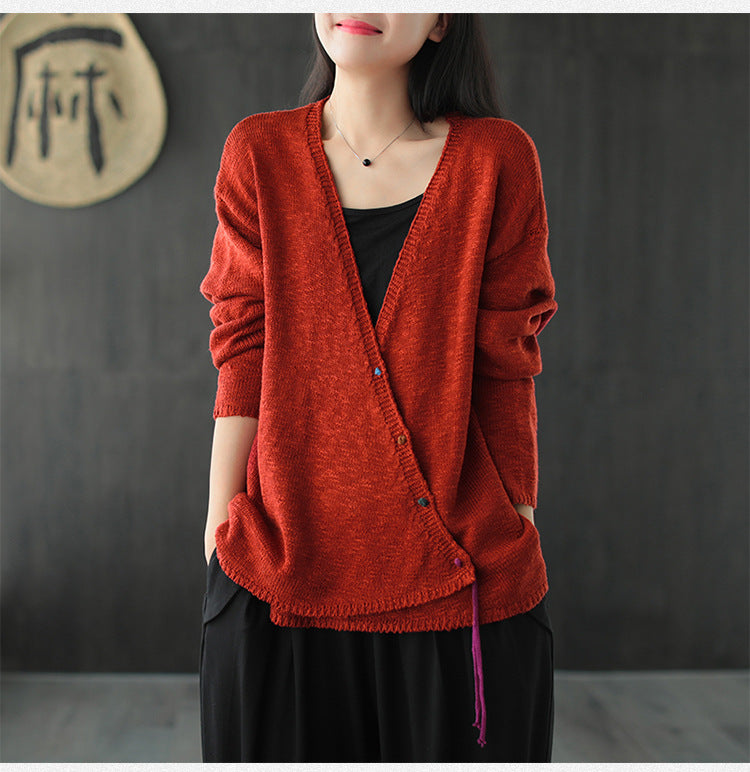 Solid V-Neck Loose Retro Cardigan Outwear