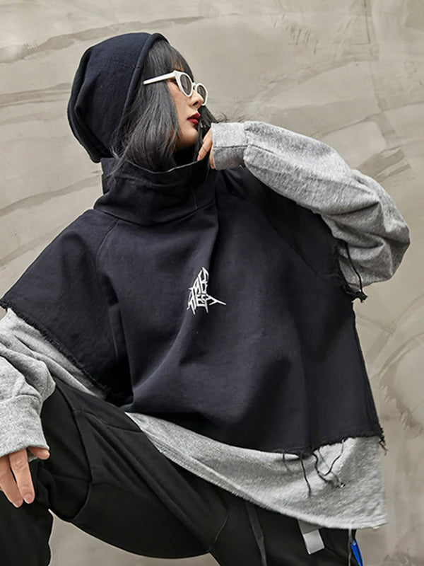 Stitching Color Block Printed High Neck Loose Casual Sweatshirt