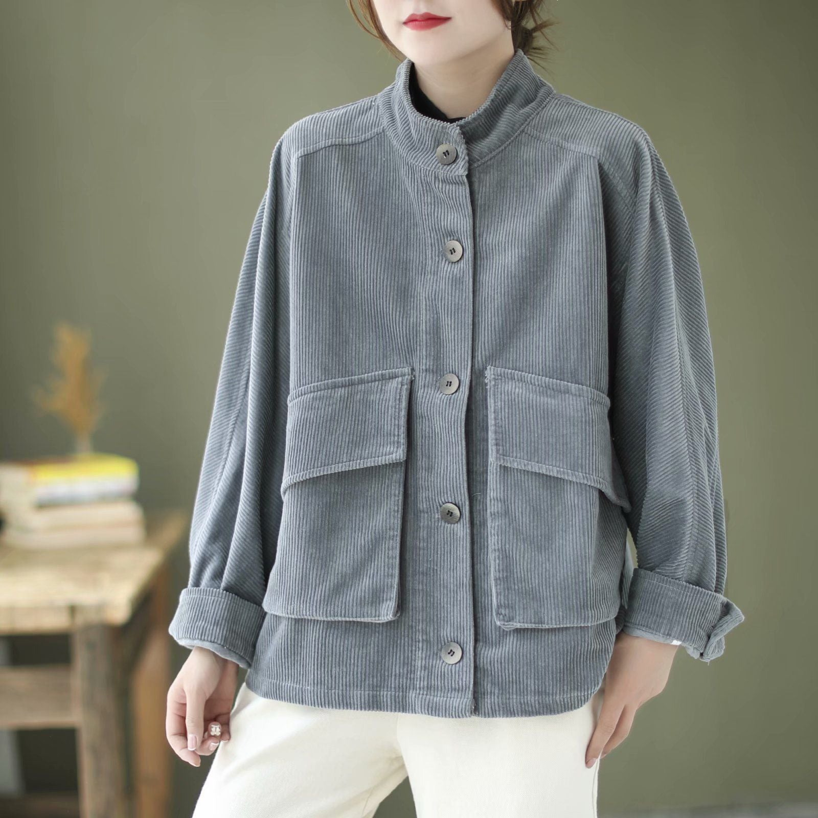 Loose Casual Solid Color Stand Collar Coat