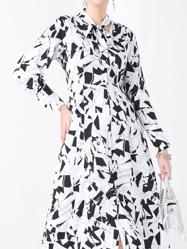 A-Line Long Sleeves Stamped Statement Collar Midi Dresses