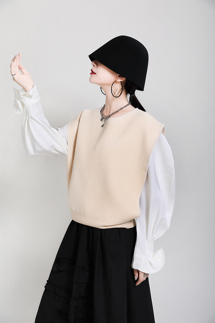 Retro Color Contrast Design Knitted Loose Waistcoat