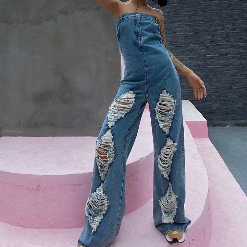 Stylish High-waisted Straight Wide Leg Jeans Jumpsuit