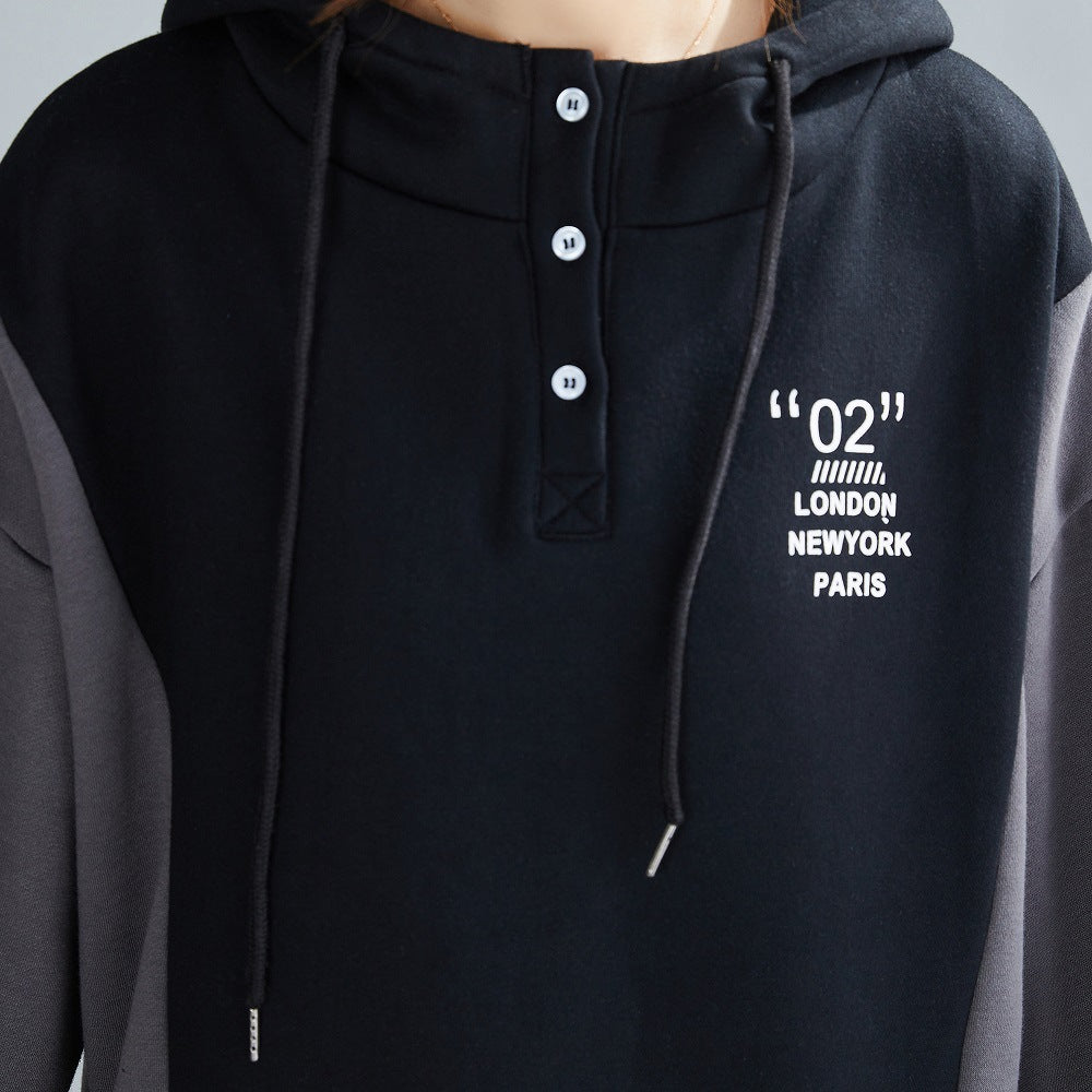 Women Thick Hooded Color Matching Casual Sweatshirt