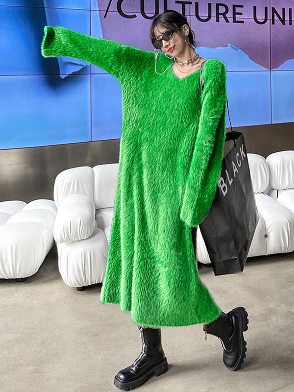 Original Pure Color V-Neck Long Sleeves Sweater Dress