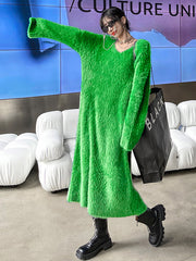 Original Pure Color V-Neck Long Sleeves Sweater Dress