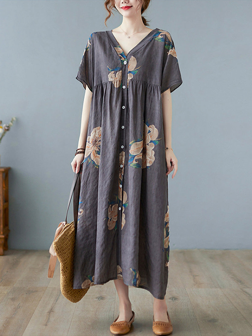 Retro Loose Short Sleeve Print V Neck Dress