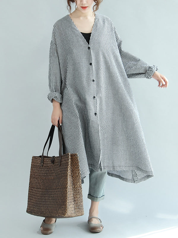 Women V-Neck Check Waist Loose Dress