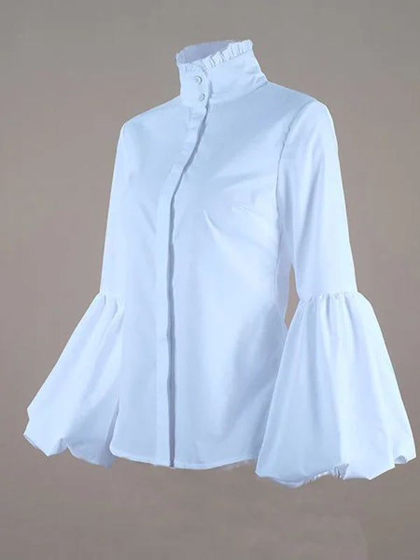 Urban Solid Color Stand Collar Puff Sleeves Blouse