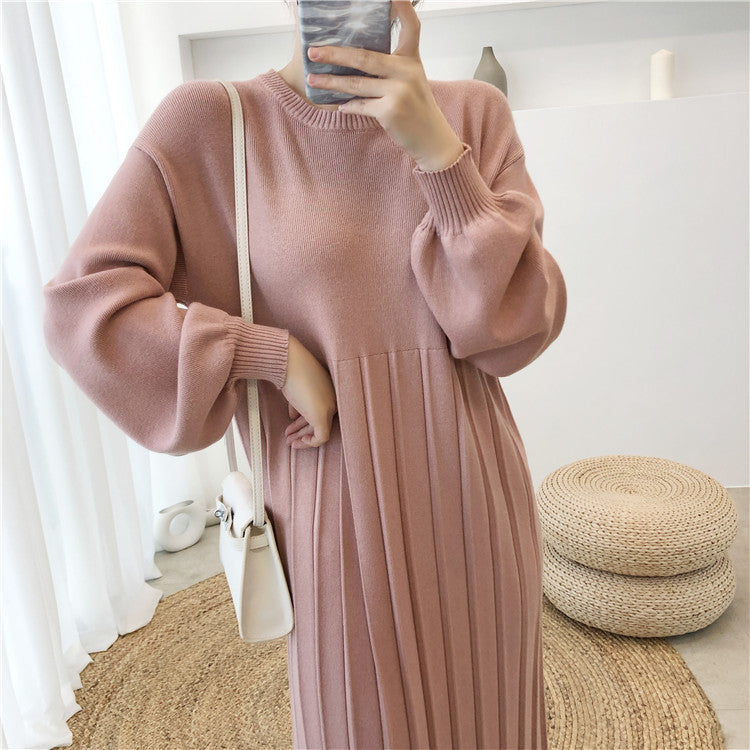 Casual Solid Color Round-Neck Knitted Midi Dress