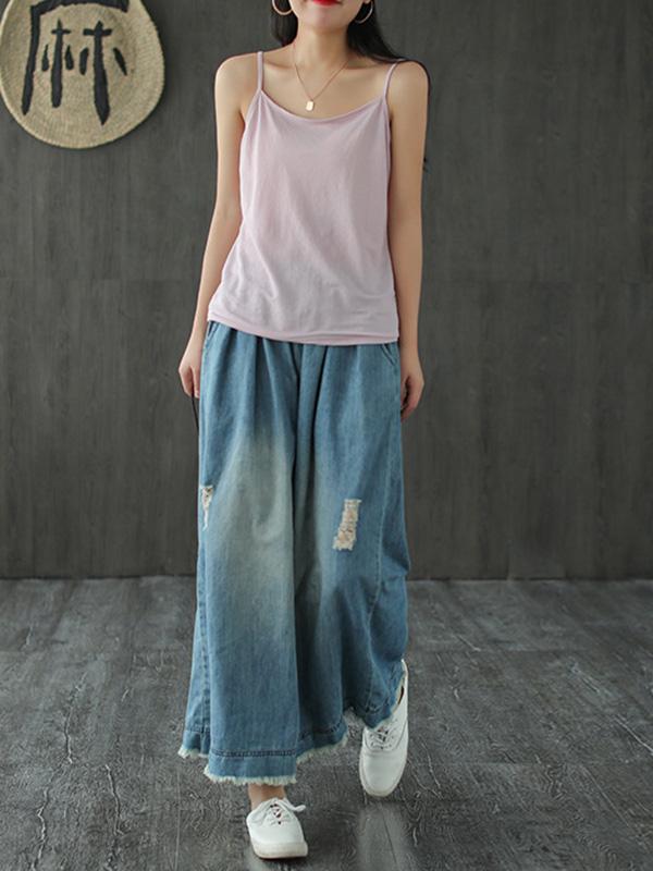 Loose Elastic Waist Wide-Leg Jean Pants