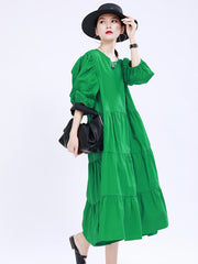 Retro Solid Puff Sleeves Midi Dress