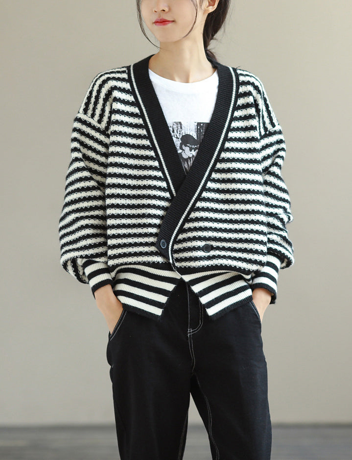 Loose Casual V-Neck Stitching Striped Sweater Coat