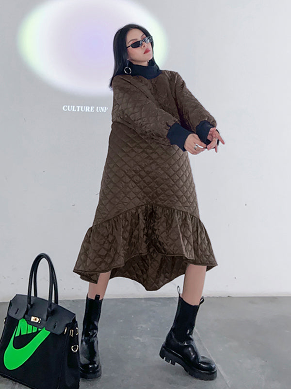 Casual Ruffled Solid Color Plaid Midi Dress