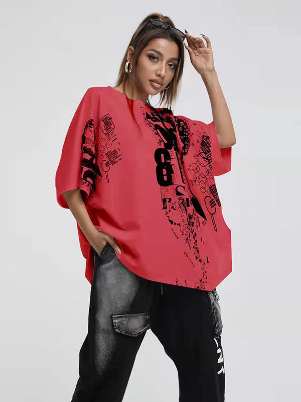 Casual Roomy Batwing Sleeves Stamped T-Shirt