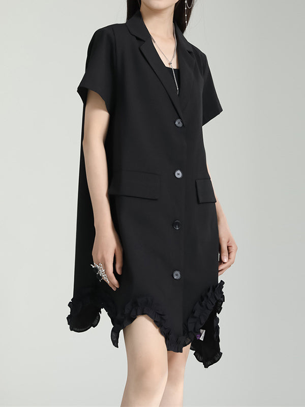 Irregular Clipping Short Sleeves Pure Color Notched Collar Mini Dresses