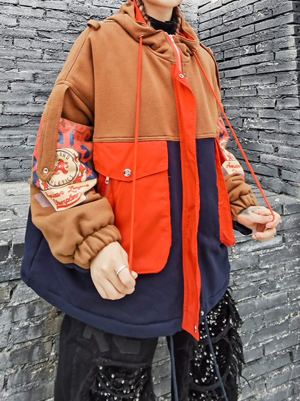 Women Loose Stitching Hooded Coat