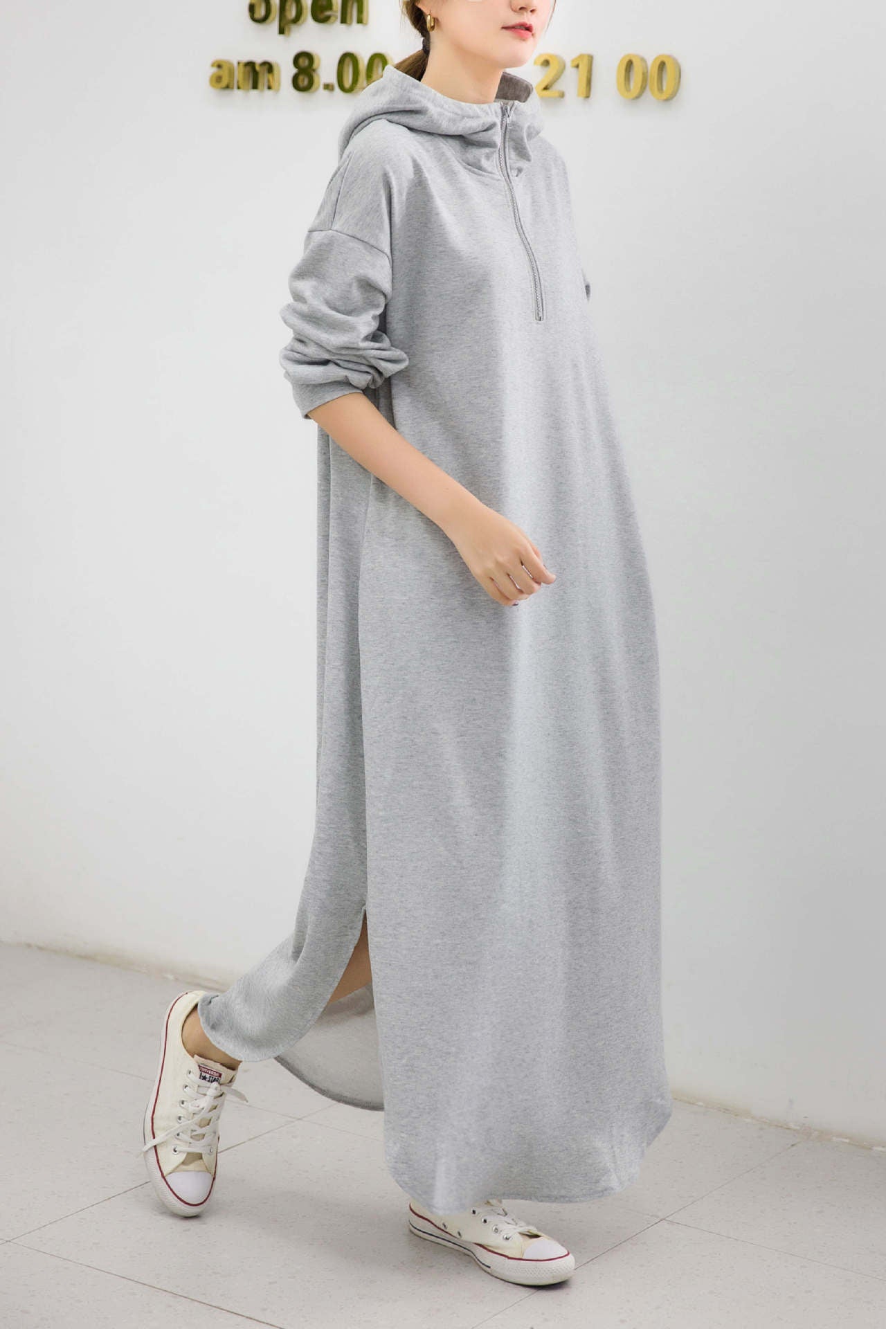 Casual Hooded Zipper Solid Color Hoodie Dress