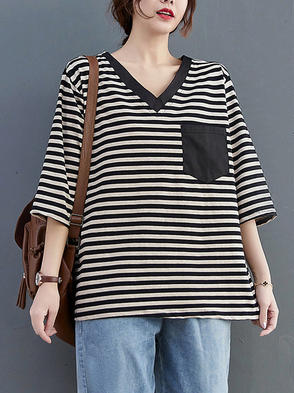 Loose V-Neck Striped Casual T-Shirt