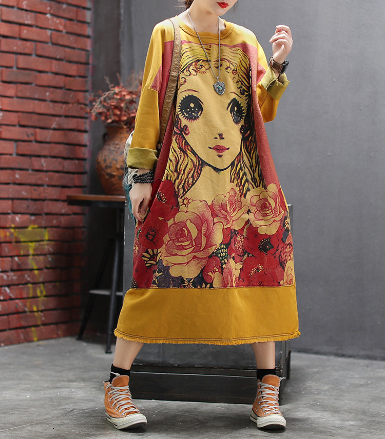 Retro Cartoon Print Round Neck Loose Midi Dress