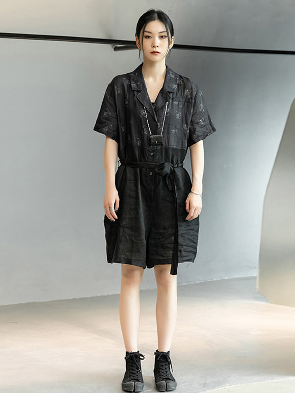 Urban Black Linen Stamped Notched Collar Rompers