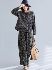 Loose Retro Floral Printed Blouses and Pants Suits