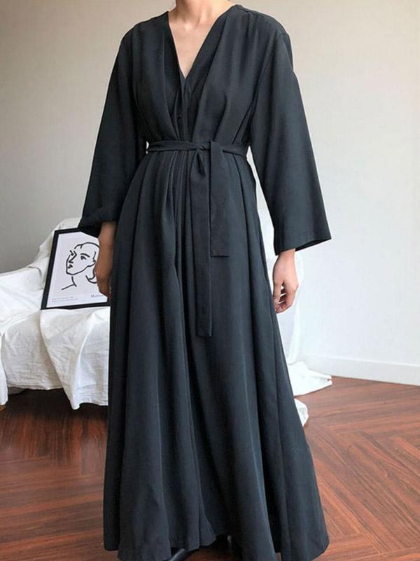 2 Colors V-neck Long Sleeves Belted Maxi Dress