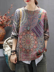 Loose Ethnic Style Print Round Neck Sweater